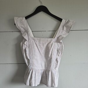 Japna Striped Ruffle Sleeve Cropped Cotton Blouse Square Neck White Pink Blue M